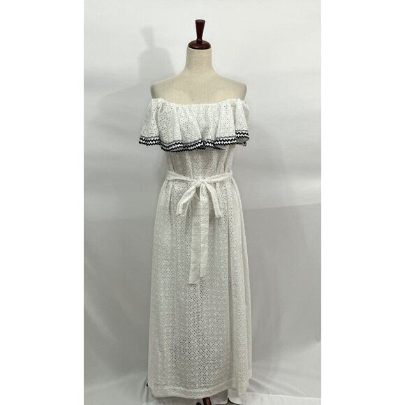 LISA MARIE FERNANDEZ Sz 3 L White Eyelet Belted Off On Shoulder Dress NWT - Picture 1 of 11